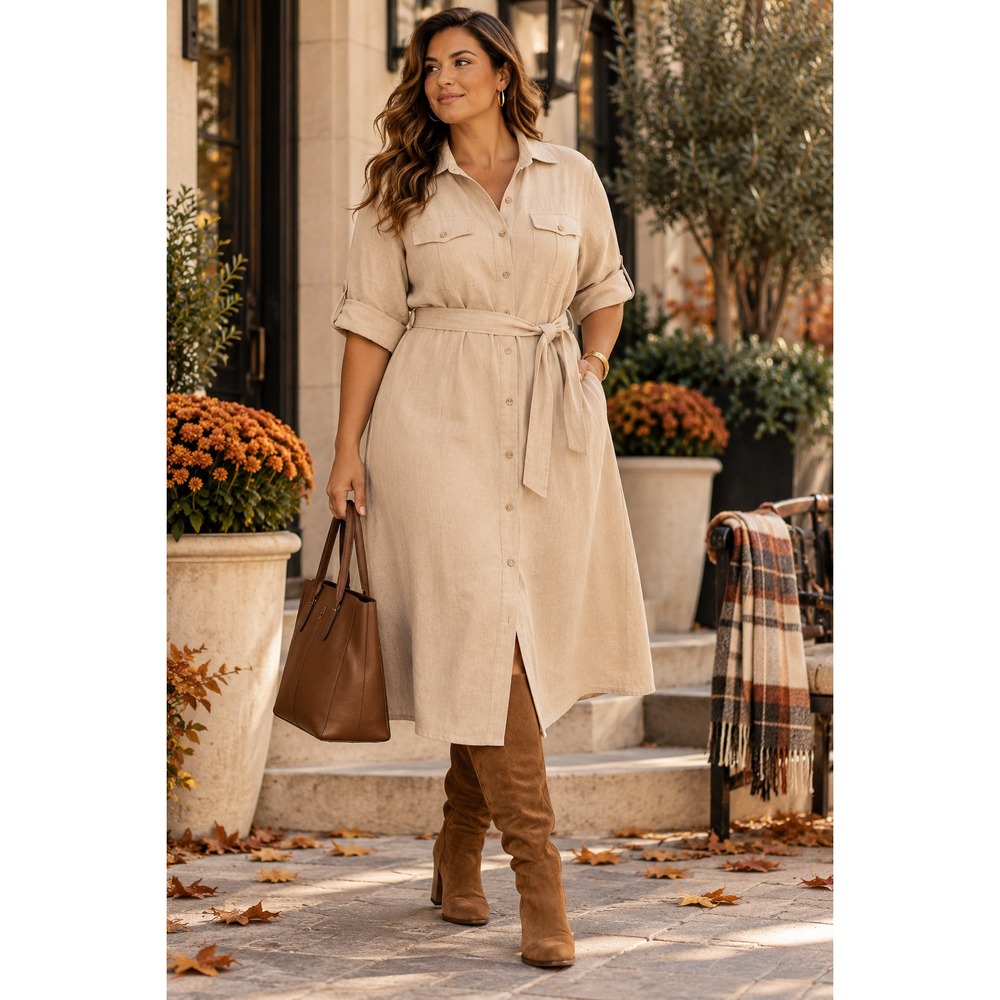 100% Linen Shirt Dress Womens 18W Beige Belted Button Front Midi Plus Size